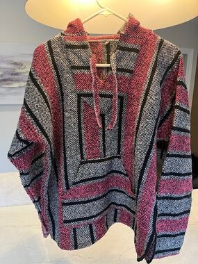 Striped Hooded Poncho Sweater in Pink, Black & White